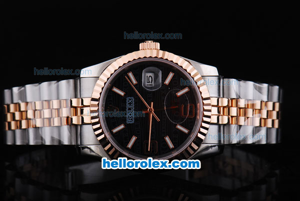 Rolex Datejust Automatic with Rose Gold Bezel and Black Dial-Small Calendar and Two Tone Strap - Click Image to Close